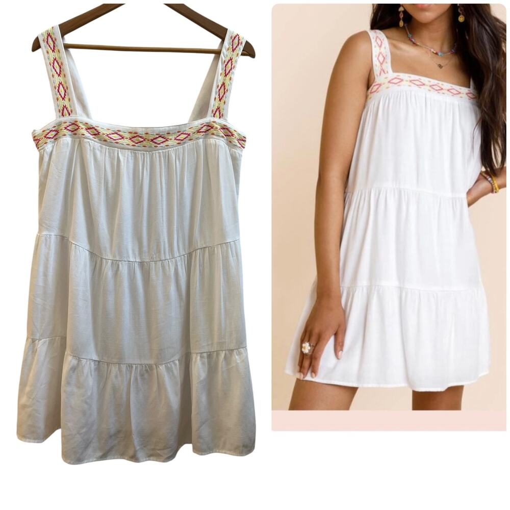 Blue Rain White Square Neckline Boho Tiered Mini Sun Dress Large 34 Inch Long - Picture 2 of 15